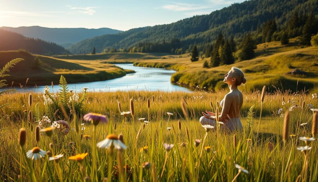 A peaceful meadow at dawn, filled with blooming wildflowers and swaying tall grass. In the foreground, a serene figure sits in a meditative pose, their eyes closed, surrounded by a soft, golden glow. The middle ground features a tranquil stream, its waters reflecting the azure sky above. In the distance, rolling hills and lush, verdant forests create a sense of depth and natural harmony. The lighting is soft and diffuse, casting a calming, natural radiance throughout the scene. The overall atmosphere is one of deep tranquility, inner peace, and the rejuvenating power of meditation.