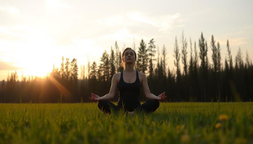 A peaceful meadow at golden hour, with a person sitting in a lotus position, eyes closed, hands resting on their lap. Warm, diffused sunlight filters through the soft, wispy clouds, casting a gentle glow on the scene. In the background, a serene forest of tall, slender trees sways gently in the breeze. The overall atmosphere is one of tranquility and introspection, inviting the viewer to join in the moment of meditative calm.