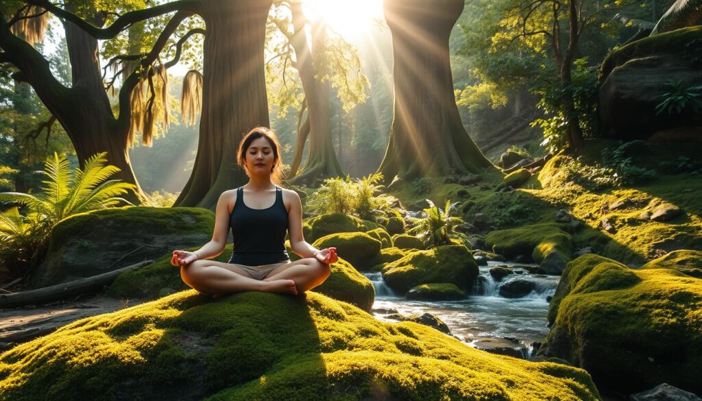 A peaceful meditation scene in a serene, natural setting. A person sits cross-legged on a lush, mossy rock, surrounded by vibrant greenery and warm, natural lighting. Soft sunbeams filter through the canopy of tall, ancient trees, casting a gentle glow on the meditator's face. The atmosphere is calming, inviting the viewer to slow down and find inner peace. In the background, a tranquil stream gently flows, its soothing sounds adding to the meditative ambiance. The overall composition conveys a sense of balance, harmony, and the rejuvenating power of connecting with nature through the practice of meditation.