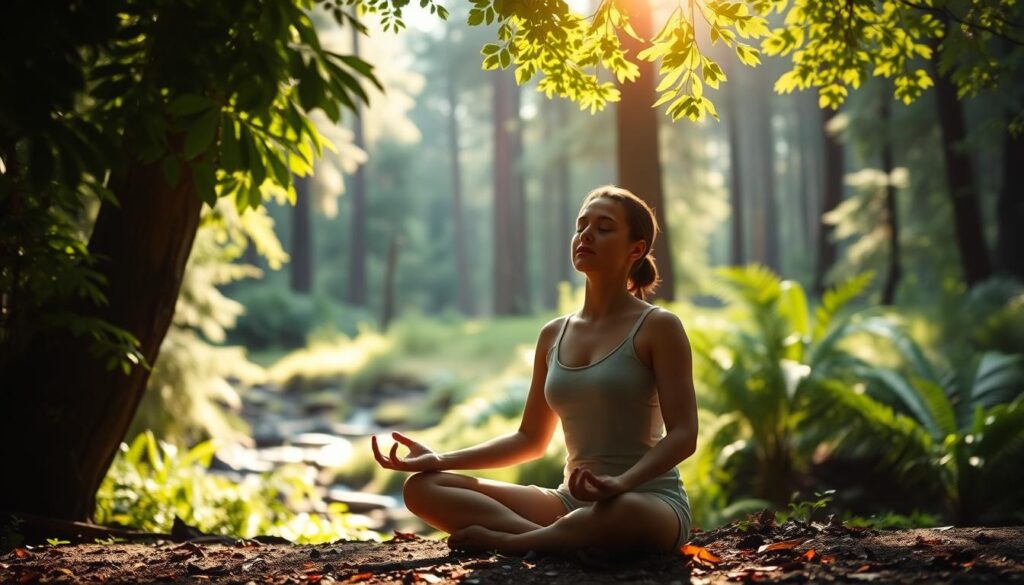A peaceful, serene scene of a person meditating in a natural setting. Soft natural light filters through lush, verdant foliage, casting a warm glow on the figure sitting in a lotus position, eyes closed in deep contemplation. The background is a tranquil forest landscape, with tall trees, ferns, and a small stream or pond visible in the distance. The overall atmosphere is calming, reflective, and conducive to pain management through the power of mindfulness and mental focus.