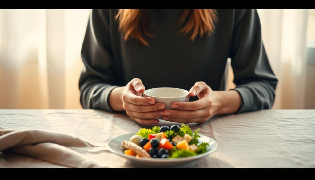 A person sitting at a table, surrounded by natural light, mindfully engaging with a simple meal. The foreground features hands gently holding a bowl, the middle ground shows a plate with fresh, whole foods, and the background depicts a tranquil, minimalist setting with soft natural textures. The lighting is warm and diffused, creating a calming, serene atmosphere. The scene conveys a sense of presence, appreciation, and a deep connection between the individual and the act of nourishing the body.