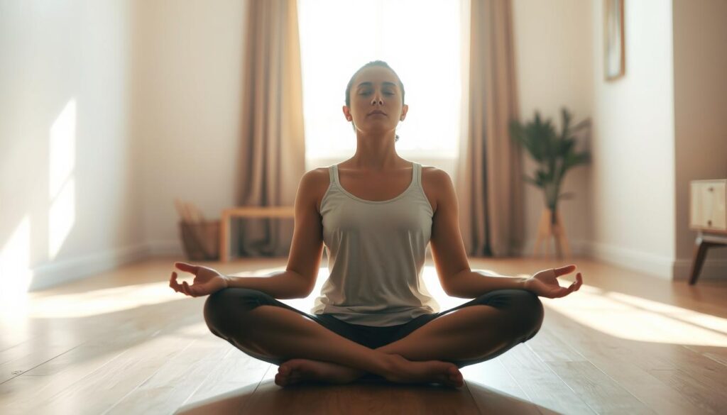 A person sitting cross-legged in a peaceful, sunlit room, their eyes closed in deep meditation. The natural light filters through the windows, casting a warm, serene glow on their face. The room is minimally furnished, with wooden floors and simple decor, creating a sense of tranquility and focus. The background is blurred, with soft, muted colors to draw the attention to the meditating figure. The person's posture is relaxed yet alert, their breath slow and steady, conveying a sense of inner calm and presence. The overall atmosphere is one of mindfulness, introspection, and a deep connection with the present moment.
