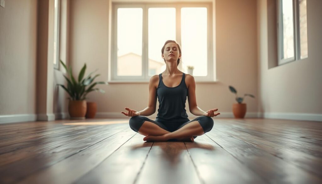 A person sitting cross-legged on a wooden floor, eyes closed, in a tranquil and serene setting. Soft natural light filters through large windows, casting a warm glow on the figure. The background features a minimalist, earthy-toned room, with a few potted plants adding to the calming atmosphere. The person's posture is relaxed, and their expression suggests a state of deep focus and inner peace. The image conveys a sense of mindfulness, introspection, and the soothing power of meditation.