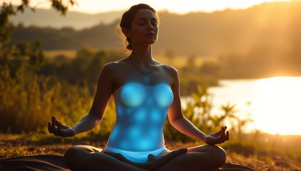 A person sitting in a serene natural setting, their body glowing with a soft, ethereal light as they enter a state of deep meditation. The foreground shows their silhouetted figure, legs crossed and hands resting gently on their lap, their eyes closed in tranquil focus. The middle ground features a peaceful landscape, with lush greenery and a calm, glimmering lake or river in the distance. The background is bathed in warm, golden sunlight, creating a calming, natural atmosphere. The scene conveys a sense of inner peace, stillness, and a deep connection with the physical body and the natural world.