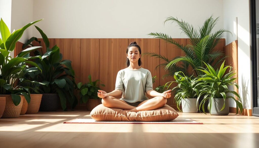A serene, airy meditation space filled with soft natural light. A person sits cross-legged on a plush, earthy-toned cushion, their eyes gently closed in deep focus. Lush, verdant plants surround the scene, their soothing greenery creating a sense of tranquility. The room's walls are minimalist, with warm wood accents adding to the calming atmosphere. The lighting is diffused, casting a gentle, ambient glow that envelops the meditator in a peaceful embrace. The overall mood is one of tranquility, introspection, and a connection to the natural world.