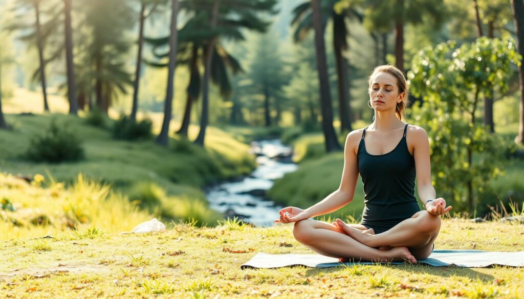 A serene and tranquil scene of a person meditating in a natural setting. The foreground features a person sitting cross-legged on a yoga mat, their eyes closed in deep concentration, exuding a sense of inner peace. Surrounding them is a lush, verdant landscape, with tall trees and a gently flowing stream in the middle ground. The background is bathed in soft, natural light, creating a warm and calming atmosphere. The overall mood is one of relaxation, mindfulness, and the harmony between the individual and the natural world.