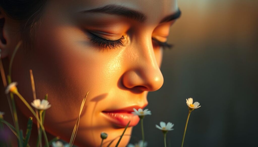 A serene close-up portrait of a person's face, bathed in warm, natural light. The subject's eyes are closed, their expression one of deep tranquility and inner peace. The skin appears soft and glowing, the features relaxed and radiant. In the middle ground, gently swaying blades of grass and delicate flower petals surround the figure, creating a sense of harmony and connection with the natural world. The background is blurred, a muted, earthy palette that reinforces the calming, meditative atmosphere. The overall mood evokes a profound sense of compassion, kindness, and inner reflection.