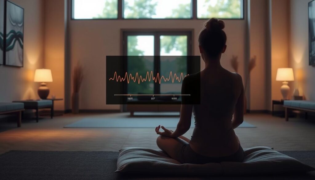 A serene, dimly lit meditation room with natural light filtering through a large window. In the foreground, a person sits cross-legged on a plush cushion, eyes closed and hands resting peacefully on their lap. The walls are adorned with soothing artwork and gentle ambient lighting creates a calming atmosphere. In the middle ground, a biofeedback display shows a steady, decreasing heart rate and blood pressure graph, visualizing the physiological benefits of the meditative practice. The background features a tranquil outdoor scene, perhaps a lush garden or a peaceful lake, further enhancing the sense of inner calm and balance.