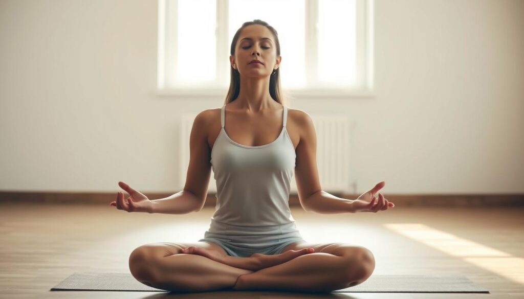 A serene figure seated in a lotus position, palms resting gently on knees, eyes closed in deep contemplation. Soft natural light filters through a window, casting a warm glow on the meditator's face. In the background, a minimalist, airy room with clean lines and muted tones, creating a sense of tranquility. The pose and setting evoke a state of inner focus, the body and mind in perfect harmony, ready to embark on a journey of self-discovery through body-based meditation.