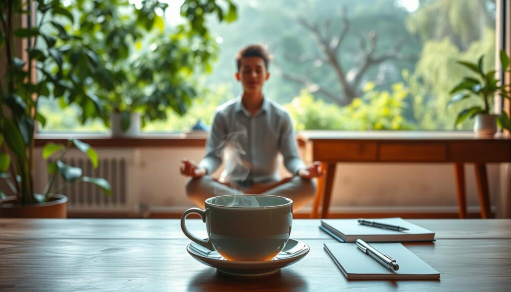 A serene figure sits cross-legged, eyes closed in deep contemplation, surrounded by lush greenery and natural light filtering through the leaves. In the foreground, a cup of steaming tea rests on a wooden table, inviting mindful sipping. The middle ground features a simple yet elegant desk, with a notebook and pen, symbolizing the integration of mindfulness into daily tasks. The background showcases a panoramic window, revealing a tranquil outdoor scene, reflecting the harmony between inner and outer worlds. This calming, natural scene embodies the essence of incorporating mindfulness into everyday activities.