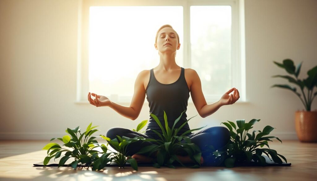 A serene figure sits cross-legged, eyes closed, palms upturned in a tranquil morning meditation. Soft, natural light filters through an expansive window, casting a warm glow on the practitioner's face. The background is a minimalist, neutral-toned room, devoid of distractions, allowing the viewer to focus on the meditative state. Lush, green plants in the foreground add a touch of earthiness, further enhancing the calming atmosphere. The composition is balanced, with the practitioner positioned at the center, radiating a sense of inner peace and focus.