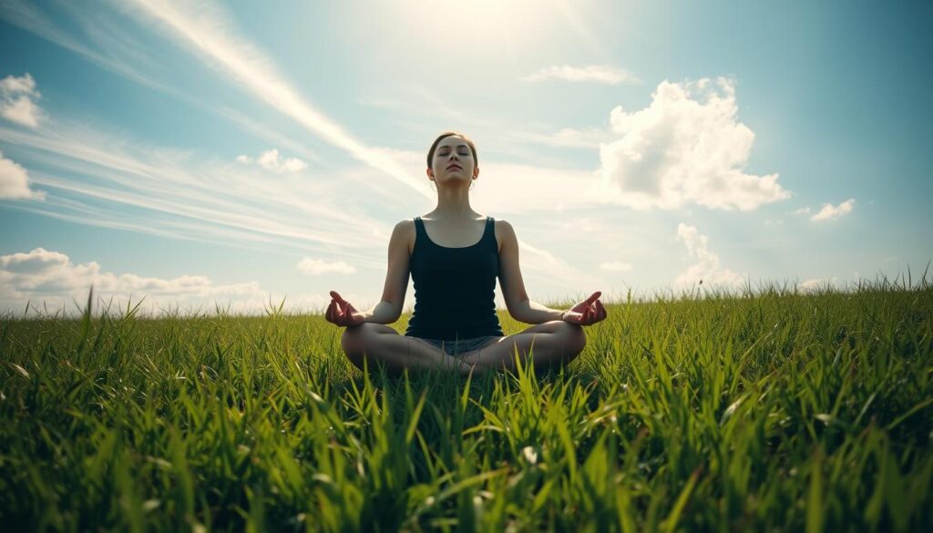 A serene figure sits cross-legged in a sunlit meadow, eyes closed in deep concentration. Wispy clouds drift overhead, casting a soft, natural light upon the scene. The lush, verdant grass beneath the meditator's cushion whispers tranquility, inviting the viewer to pause and find their own inner calm. A sense of balance and harmony permeates the composition, reflecting the essence of mindfulness meditation - a peaceful journey inward to connect with the present moment. The camera angle is slightly elevated, offering an almost bird's-eye perspective that conveys a sense of openness and expansiveness. The overall mood is one of tranquility, focus, and the beauty of simplicity.