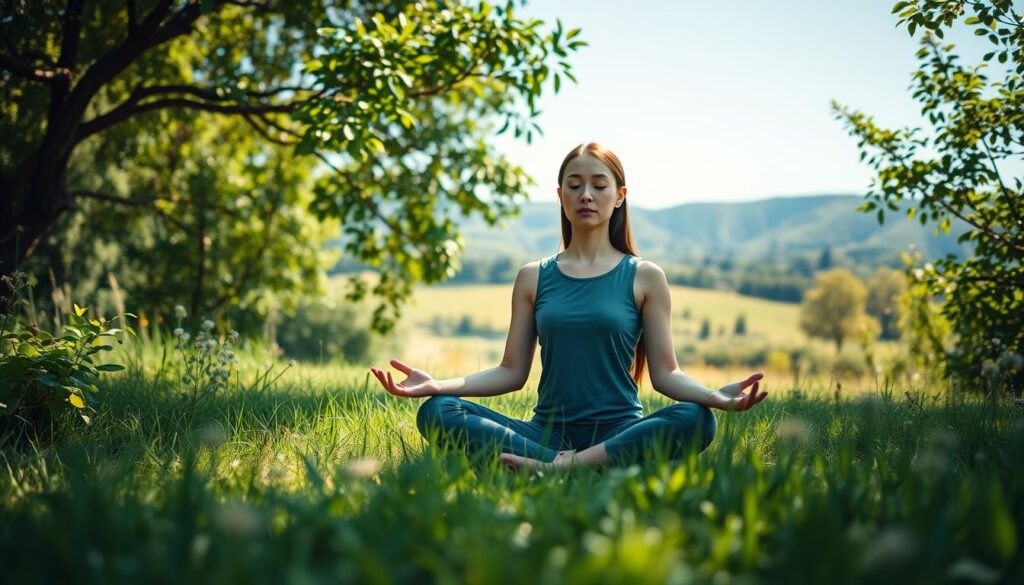 A serene figure sits cross-legged in a tranquil meadow, surrounded by lush foliage and bathed in soft, natural light. Their eyes are closed, expression peaceful, as they engage in the practice of meditation. The foreground depicts a close-up of their hands resting gently on their lap, while the middle ground reveals a panoramic view of the verdant landscape, with rolling hills in the distance. The background showcases a clear, blue sky, evoking a sense of calm and balance. This image captures the physical health benefits of meditation, such as reduced stress, improved cardiovascular function, and enhanced immune response, all manifested in the serene and centered posture of the meditating figure.