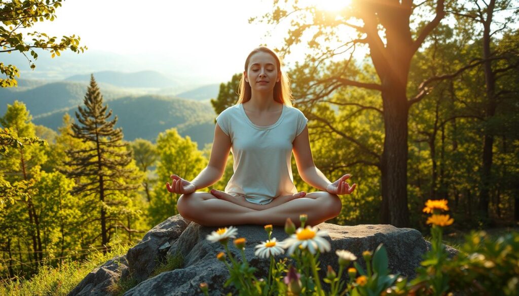 A serene figure sits cross-legged on a rocky outcrop, surrounded by a lush, verdant landscape. Warm, natural light filters through the canopy of trees, casting a soft glow on the meditator's face. Their eyes are closed, expression calm and focused, radiating a sense of inner peace. In the foreground, wildflowers dot the forest floor, while beyond, rolling hills stretch out to the horizon. The atmosphere is one of tranquility and contemplation, inviting the viewer to find their own meditative state of mind.
