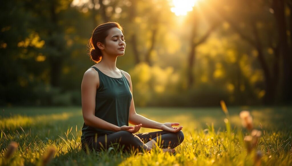 A serene figure sitting cross-legged in a peaceful meadow, eyes closed in deep concentration. Warm, natural light bathes the scene, casting a soft glow on the meditator's face. In the background, a lush forest canopy filters the sunlight, creating a calming, natural ambiance. The meditator's hands rest gently on their lap, index finger and thumb touching in a symbolic gesture, embodying the tranquility and focus of the Kirtan Kriya meditation practice. The overall atmosphere conveys a sense of enhanced cognitive function and renewed clarity of mind.