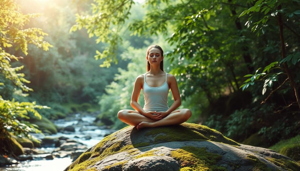 A serene figure sitting cross-legged on a moss-covered rock, surrounded by lush, verdant foliage. Soft, diffused natural light filters through the canopy of trees, casting a warm glow on the scene. The person's eyes are closed, hands resting gently on their lap, exuding a sense of deep focus and tranquility. In the background, a babbling brook meanders through the verdant landscape, its soothing sounds adding to the calming atmosphere. The overall mood is one of profound peace and mindfulness, perfectly capturing the essence of a consistent meditation practice.