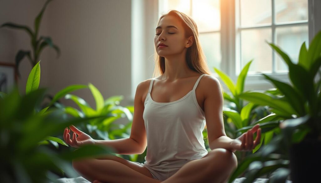 A serene figure sitting in a lotus position, eyes closed, deeply immersed in meditation. Soft natural light filters through a window, casting a warm glow on the scene. The figure is surrounded by lush, verdant plants, creating a soothing, calming atmosphere. The background is blurred, allowing the focus to remain on the meditating person, their face expressing a sense of peace and tranquility. The overall composition conveys a sense of stillness and relaxation, inviting the viewer to pause and find their own moments of inner calm.