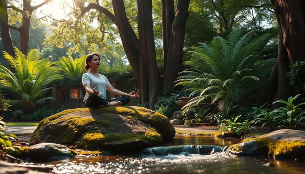 A serene garden setting, with a person seated in a meditative pose on a moss-covered rock, surrounded by lush ferns and towering trees. Gentle sunlight filters through the canopy, casting a warm glow on the scene. In the foreground, a small, tranquil stream flows, its soothing sounds adding to the calming atmosphere. The person's expression is one of deep focus, as they navigate the challenges of mindfulness practice, finding inner peace amidst the natural beauty that surrounds them.