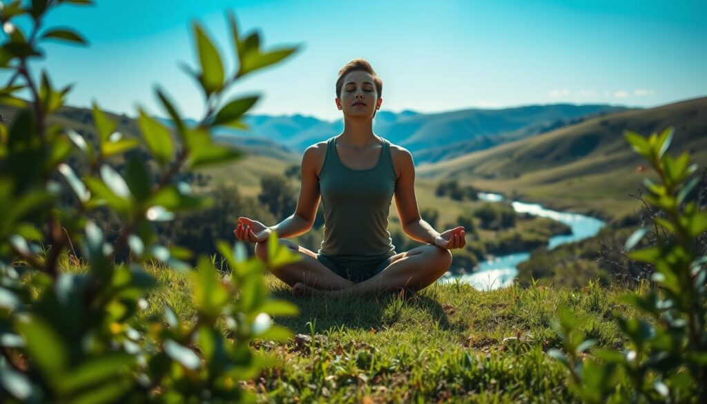 A serene hillside meadow bathed in natural light, with a person sitting cross-legged on the grass, eyes closed in deep meditation. In the foreground, lush green foliage frames the meditator, while in the middle ground, a gently flowing stream reflects the surrounding flora. The background features rolling hills and a clear, azure sky, creating a calming, tranquil atmosphere. The meditator's posture is relaxed, yet focused, conveying a sense of inner peace and mindfulness. Soft shadows and highlights accentuate the scene, enhancing the meditative mood.