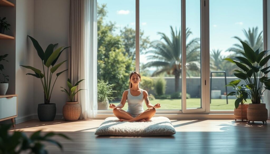 A serene home interior with a large window overlooking a lush, verdant garden. Soft, natural light filters through the space, casting a warm, calming glow. In the foreground, a person sits cross-legged on a plush floor cushion, their eyes closed in meditation. They are surrounded by houseplants and simple, minimalist decor that promotes a sense of tranquility. The background features a tranquil outdoor scene with swaying trees and a clear, blue sky. An atmosphere of peaceful contemplation and mindful presence permeates the entire scene.
