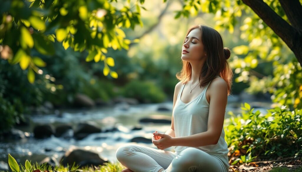 A serene individual sits cross-legged in a tranquil outdoor setting, eyes closed in deep contemplation. Soft natural light filters through verdant foliage, casting a warm, soothing glow upon their face. The scene exudes a calming, meditative atmosphere, inviting the viewer to join in the practice of breath meditation. In the background, a gentle stream flows peacefully, its soothing sounds harmonizing with the individual's measured, rhythmic breathing. The composition is framed by the lush, verdant landscape, creating a sense of connection with the natural world and the present moment.