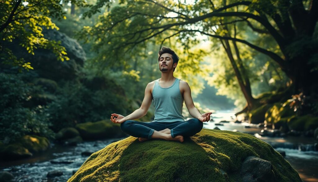 A serene individual sits cross-legged on a lush, moss-covered rock, eyes closed in deep contemplation. Soft natural light filters through the canopy of verdant trees, casting a warm, tranquil glow. In the distance, a tranquil stream gently flows, its soothing sounds creating a calming ambiance. The figure's expression exudes a sense of inner peace and clarity, capturing the transformative power of meditation for mental health.
