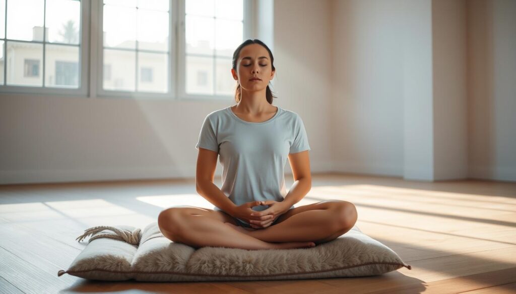 A serene individual sits cross-legged on a plush meditation cushion, eyes closed and hands resting gently in lap. Soft morning light filters through large windows, casting a warm glow on the peaceful scene. The background is a minimalist, Zen-inspired space with clean lines and neutral tones, creating a calming atmosphere. The meditator's posture is upright yet relaxed, embodying the essence of mindful presence. Camera angle is slightly elevated, capturing the tranquil moment in a natural, unobtrusive manner.