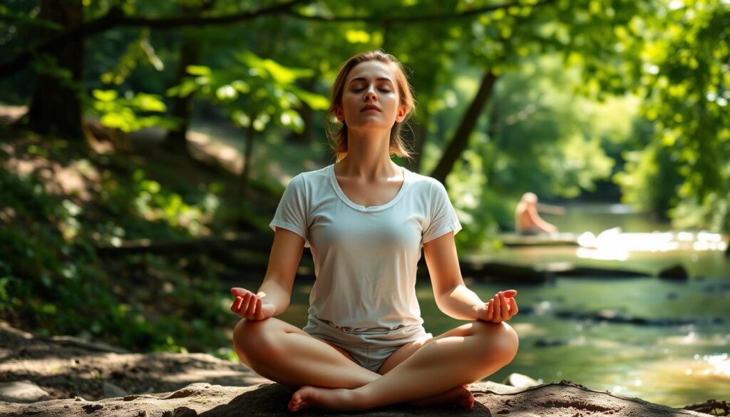 A serene individual sitting cross-legged, eyes closed, hands resting gently on their lap, as they practice mindful breathing in a sun-dappled forest clearing. The soft, natural light filters through the lush, verdant foliage, creating a calming atmosphere. The background features a tranquil stream, its gentle ripples reflecting the dappled sunlight. The scene evokes a sense of inner peace and tension release, perfectly capturing the essence of the "Mindful Breathing Technique for Quick Tension Release" section of the article.