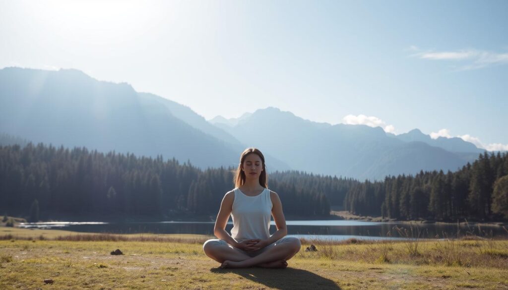 A serene landscape bathed in soft, natural light. In the foreground, a person sits cross-legged, eyes closed, hands resting gently on their lap, embodying a state of tranquil mindfulness. The middle ground features a lush forest with towering trees and a calm, reflective pond. In the background, majestic mountains rise, their peaks kissed by wispy clouds. The overall atmosphere is one of peaceful contemplation, inviting the viewer to pause and find inner stillness.