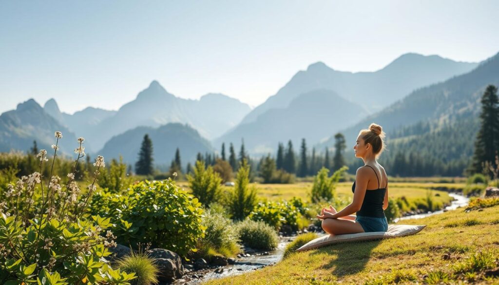 A serene landscape bathed in soft, natural light. In the foreground, a person sits cross-legged on a meditation cushion, their eyes closed and expression tranquil. The middle ground features lush, verdant foliage, with delicate flowers and a gently flowing stream. In the background, towering mountains rise, their peaks capped with snow. The overall atmosphere is one of profound peace and inner focus, inviting the viewer to join the meditative experience.