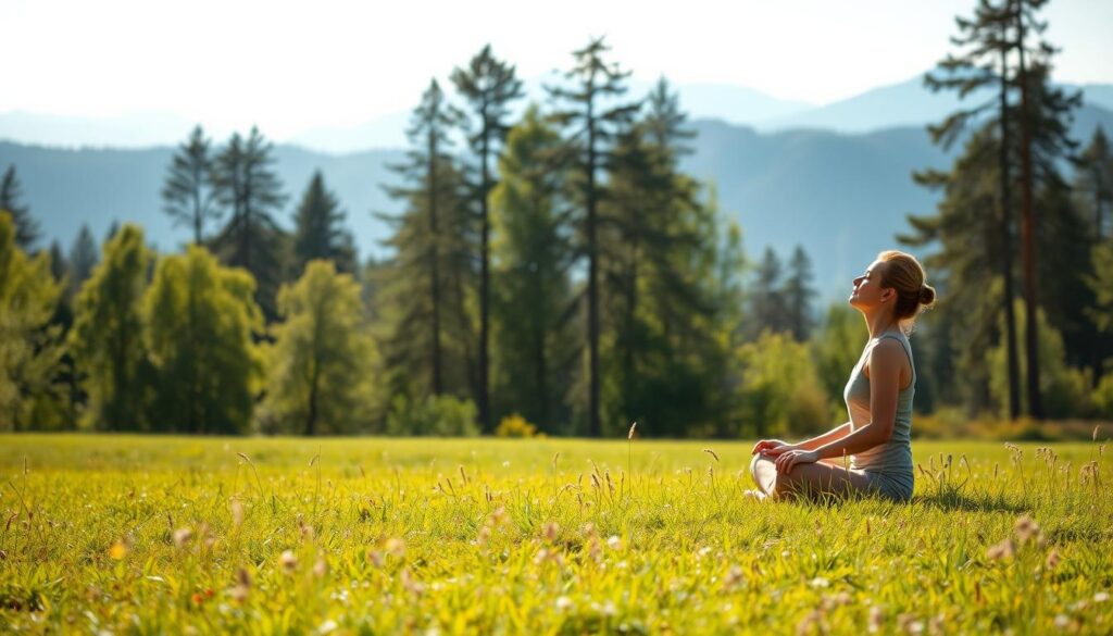 A serene meadow bathed in soft natural light, the foreground depicting a person sitting in a cross-legged lotus position, eyes closed, hands resting in their lap, exuding a sense of deep focus and tranquility. In the middle ground, a lush forest with towering trees and dappled sunlight filtering through the canopy, creating a calming ambiance. The background showcases a distant mountain range, its peaks silhouetted against a hazy, azure sky, conveying a sense of expansiveness and connection with the natural world. The overall scene evokes a profound state of mindfulness and inner peace.