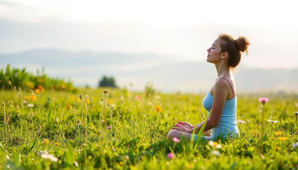 A serene meadow bathed in soft, natural light. In the foreground, a person sits cross-legged, eyes closed, hands resting peacefully in their lap. The pose radiates a sense of tranquility and mindfulness. In the middle ground, lush greenery and vibrant wildflowers dot the landscape, creating a soothing, restorative atmosphere. The background features a distant, hazy horizon, evoking a sense of expansiveness and connection to the natural world. The overall scene conveys the physical and mental health benefits of a regular meditation practice, inviting the viewer to find moments of calm and rejuvenation.