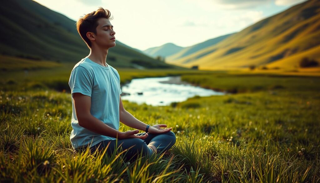 A serene meadow bathed in soft, natural light. In the foreground, a person sits cross-legged, eyes closed, hands resting gently in their lap. Their expression is one of deep focus and inner peace. The middle ground features a gently flowing stream, its surface reflecting the tranquil sky above. In the background, lush, verdant hills rise up, creating a sense of seclusion and calm. The overall atmosphere is one of tranquility, inviting the viewer to pause and experience the benefits of regular meditation practice.