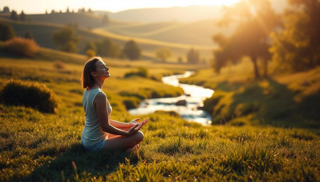 A serene meadow bathed in soft, natural light. In the foreground, a person sits cross-legged, eyes closed, palms upturned in a state of deep, mindful meditation. Their expression is one of tranquility and introspection. The middle ground features a gently flowing stream, its calming sounds enhancing the peaceful atmosphere. In the background, rolling hills and lush, verdant trees frame the scene, creating a sense of boundless, natural harmony. The lighting is warm and diffused, casting a serene glow over the entire composition. Overall, the image conveys a profound sense of inner calm and emotional well-being.