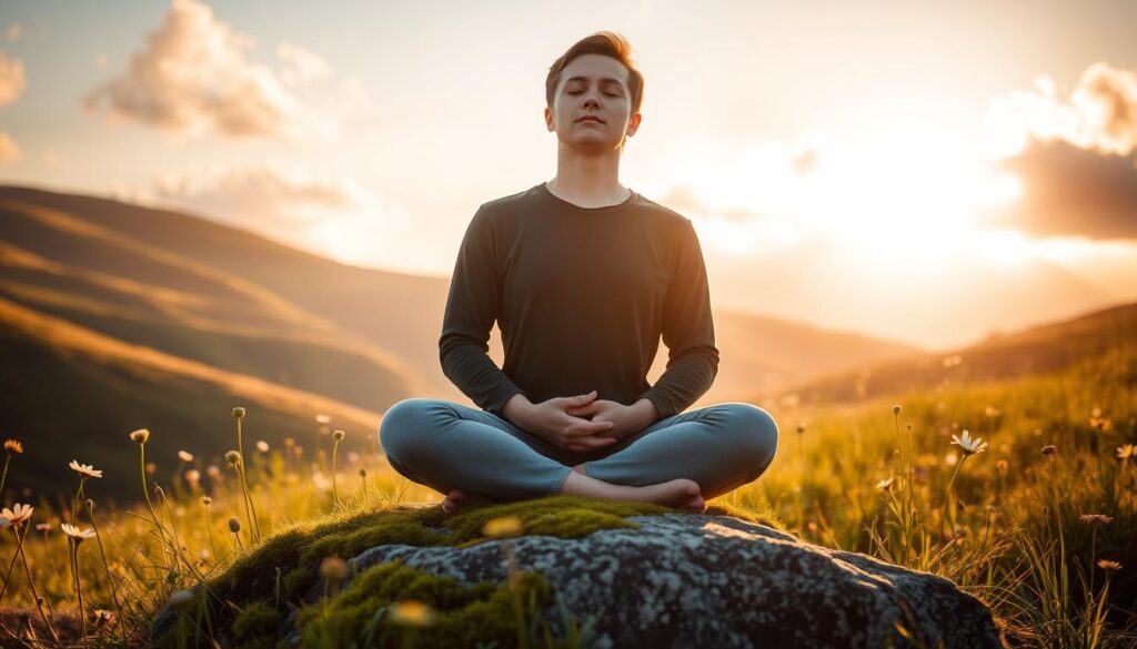 A serene meadow bathed in the soft glow of morning sunlight. In the foreground, a person sits cross-legged on a plush, moss-covered rock, eyes closed in deep contemplation. Their face is calm and serene, reflecting an inner peace. The background is filled with verdant hills, dotted with wildflowers swaying gently in the breeze. Warm, diffused light filters through wispy clouds, casting a natural, soothing ambiance. A sense of tranquility and mindfulness pervades the scene, inviting the viewer to join in the guided meditation.