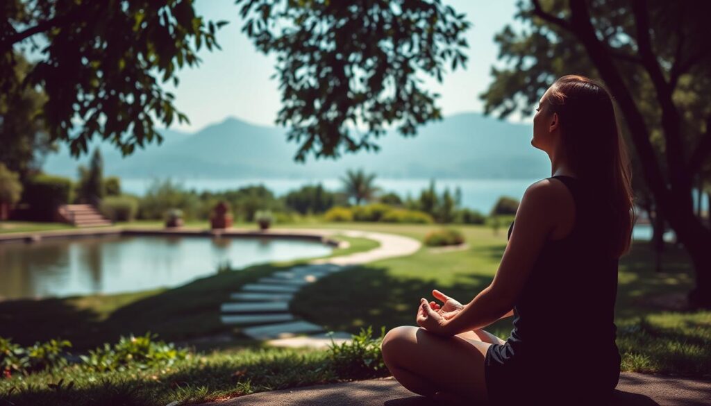 A serene meditation garden with a tranquil pond, surrounded by lush greenery and natural light. In the foreground, a person sits in a cross-legged position, their eyes closed, hands resting gently on their lap, exuding a sense of inner peace and mindfulness. Soft, diffused lighting illuminates the scene, creating a calming, contemplative atmosphere. The middle ground features a path winding through the garden, inviting the viewer to embark on a journey of self-reflection. In the background, a distant mountain range and a clear, hazy sky complete the natural, calming landscape.