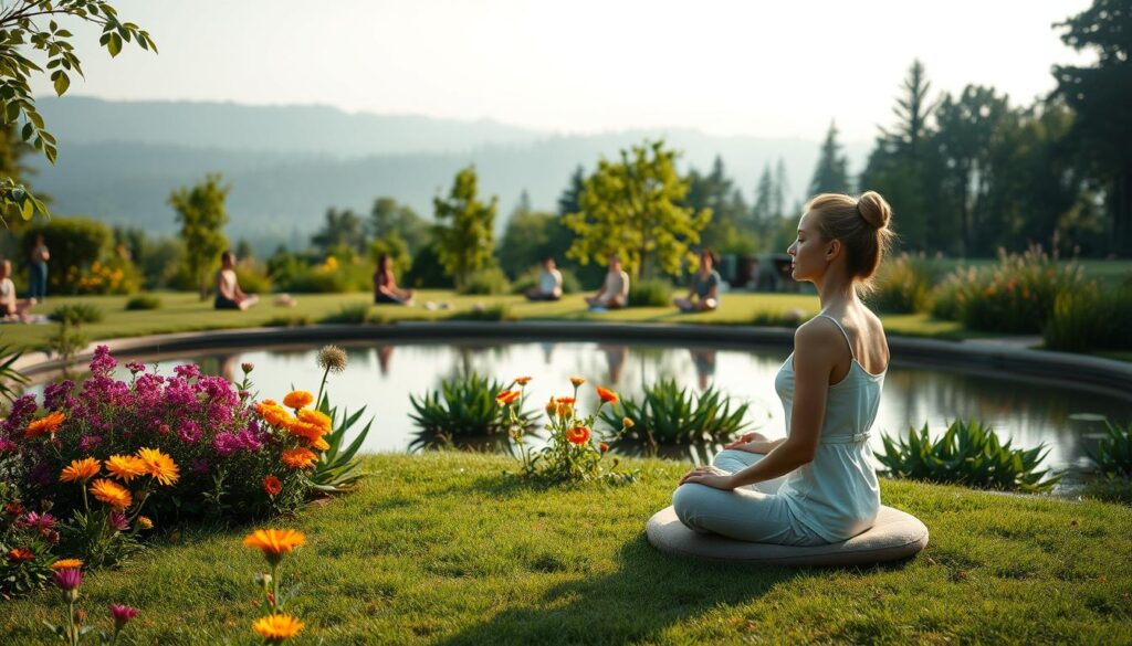 A serene meditation garden with a tranquil pond, surrounded by lush greenery and vibrant wildflowers. In the foreground, a person sits cross-legged on a meditation cushion, their eyes closed, hands resting peacefully in their lap. The scene is bathed in soft, natural light, creating a calming, introspective atmosphere. In the middle ground, several other meditators are scattered throughout the garden, each lost in their own practice. The background features a distant, wooded landscape, hazy and dreamlike, further enhancing the sense of peaceful solitude.