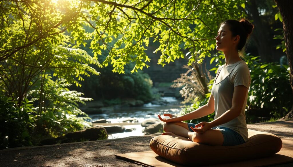 A serene meditation practice unfolds in a tranquil natural setting. In the foreground, a person sits cross-legged on a plush meditation cushion, eyes closed, hands resting peacefully in their lap. Dappled sunlight filters through the canopy of lush, verdant foliage in the middle ground, casting a warm, soothing glow. In the background, a gently flowing stream meanders through a secluded garden, its calming sounds creating a peaceful ambiance. The overall atmosphere is one of deep introspection, mindfulness, and inner calm.