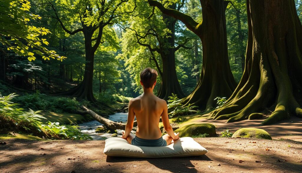 A serene meditation scene in a sun-dappled forest glade. In the foreground, a person sits cross-legged on a plush meditation cushion, eyes closed in deep contemplation. The dappled sunlight filters through the lush, verdant canopy above, casting a warm, natural glow. The middle ground features a tranquil stream winding through the undergrowth, its gentle rippling sounds adding to the calming ambiance. In the background, ancient, moss-covered trees stand tall, their sturdy trunks and branches framing the peaceful scene. An atmosphere of profound calm and focused introspection pervades the entire composition.