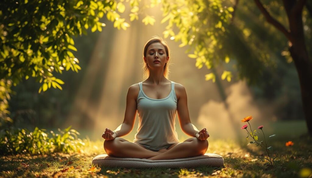 A serene meditation scene in a tranquil, natural setting. Sunlight filters through a canopy of lush, verdant foliage, casting a warm, soft glow upon a person sitting cross-legged on a plush meditation cushion. Their eyes are closed, face relaxed, as they focus inwardly, immersed in the present moment. The background is a soothing, earthy palette of greens and browns, with the occasional pop of a vibrant wildflower. Atmospheric haze and muted tones evoke a sense of calm and contemplation. The overall composition is balanced, inviting the viewer to pause and find their own center of peace.