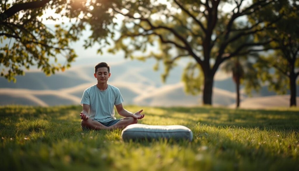 A serene meditation scene unfolds in a natural setting. A young person sits cross-legged on a lush, grassy meadow, their eyes gently closed and expression peaceful. Soft, natural light filters through the canopy of trees, casting a warm glow. In the middle ground, a simple meditation cushion rests, inviting the viewer to join in the tranquil practice. The background features rolling hills and a distant horizon, evoking a sense of expansiveness and calm. The overall mood is one of introspection, focus, and rejuvenation, perfectly capturing the essence of meditation techniques for beginners.