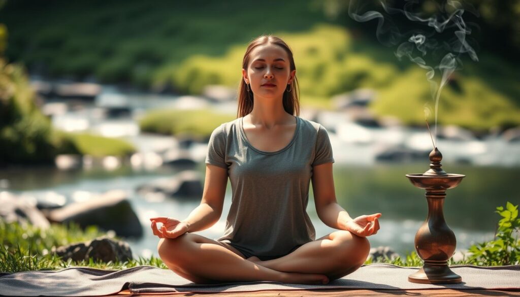 A serene meditation scene with a person sitting cross-legged in a peaceful, natural setting. The meditator is bathed in soft, natural light, their eyes closed and facial expression tranquil. The background features a lush, verdant landscape, perhaps with a flowing stream or a tranquil lake. Gentle wisps of smoke from an incense burner waft through the air, adding to the calming atmosphere. The overall mood is one of deep introspection and mindfulness, inviting the viewer to pause and reflect.