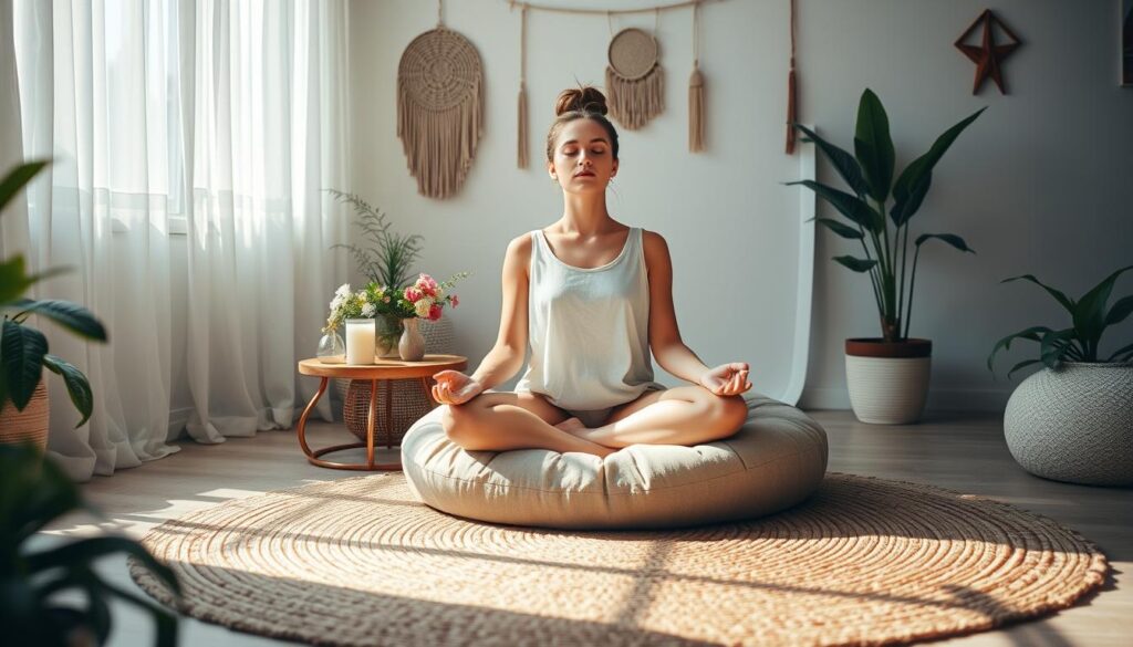 A serene meditation session unfolds in a cozy, boho-inspired setting. Soft natural light filters through sheer curtains, illuminating a plush, oversized floor cushion placed atop a woven area rug. A small, low wooden table holds a candle, crystals, and a fresh flower arrangement. In the foreground, a young woman sits cross-legged, eyes closed, palms resting gently on her knees, embodying complete calm and focus. Lush indoor plants and subtle wall hangings create a relaxing, earthy atmosphere, inviting the viewer to join in this peaceful morning ritual.