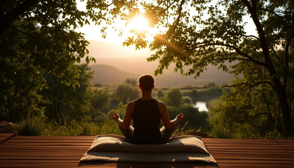 A serene meditation setting in a tranquil natural space. The foreground features a person sitting cross-legged on a plush meditation cushion, their eyes closed in deep contemplation. Gentle sunlight filters through the canopy of lush, verdant foliage in the middle ground, casting a warm, calming glow. In the background, a serene landscape unfolds, with rolling hills, a distant stream, and the soft hues of a golden hour sky. The atmosphere is one of stillness, focus, and a deep connection to the present moment.