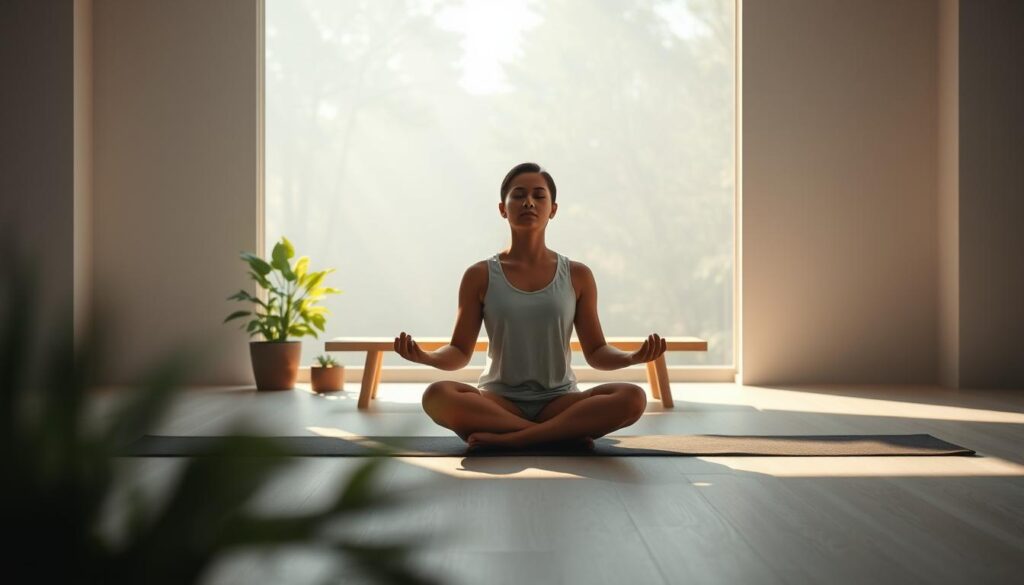 A serene meditation space bathed in soft, natural light. In the foreground, a person sits cross-legged, palms upturned, eyes closed, deeply immersed in a mindfulness practice. The middle ground features a minimalist wooden meditation bench and a few potted plants, their green foliage adding a touch of tranquility. The background showcases a tranquil outdoor scene, perhaps a forest or a garden, with a calming, neutral color palette. The overall atmosphere is one of peaceful introspection, inviting the viewer to pause and reflect on the benefits of a sustainable meditation habit.