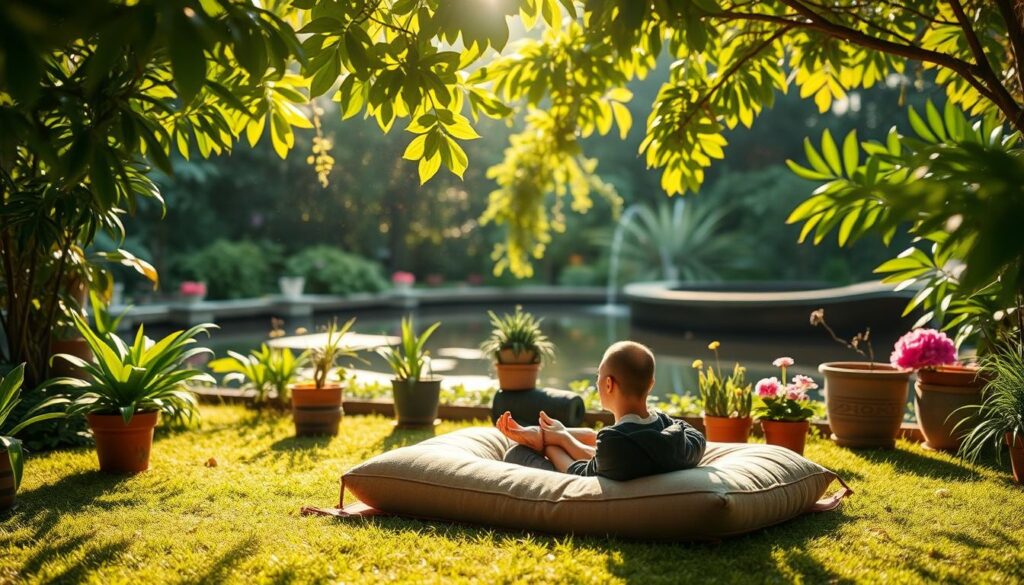 A serene meditation space in a lush, verdant garden. Sunlight filters through the leaves, casting a warm, calming glow across the scene. In the foreground, a person sits cross-legged on a plush meditation cushion, their eyes closed and their hands resting peacefully in their lap. Surrounding them, a variety of potted plants and flowers add pops of color and natural beauty. In the background, a tranquil pond reflects the sky, its still surface creating a sense of calm. The overall atmosphere is one of deep relaxation and inner peace, perfectly capturing the essence of meditation for stress reduction.