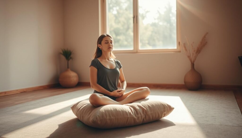 A serene meditation space in a tranquil natural setting. Soft natural light filters through a large window, casting a warm glow on a simple, uncluttered room. A person sits cross-legged on a plush cushion, eyes closed in deep contemplation, hands resting gently on their lap. The atmosphere is calming and inviting, with muted earth-toned hues and minimal decor that encourage stillness and introspection. The camera angle is slightly elevated, capturing the peaceful ambiance and the meditator's focused pose. An oasis of calm amidst the everyday hustle, this image evokes the essence of a short, restorative meditation session.