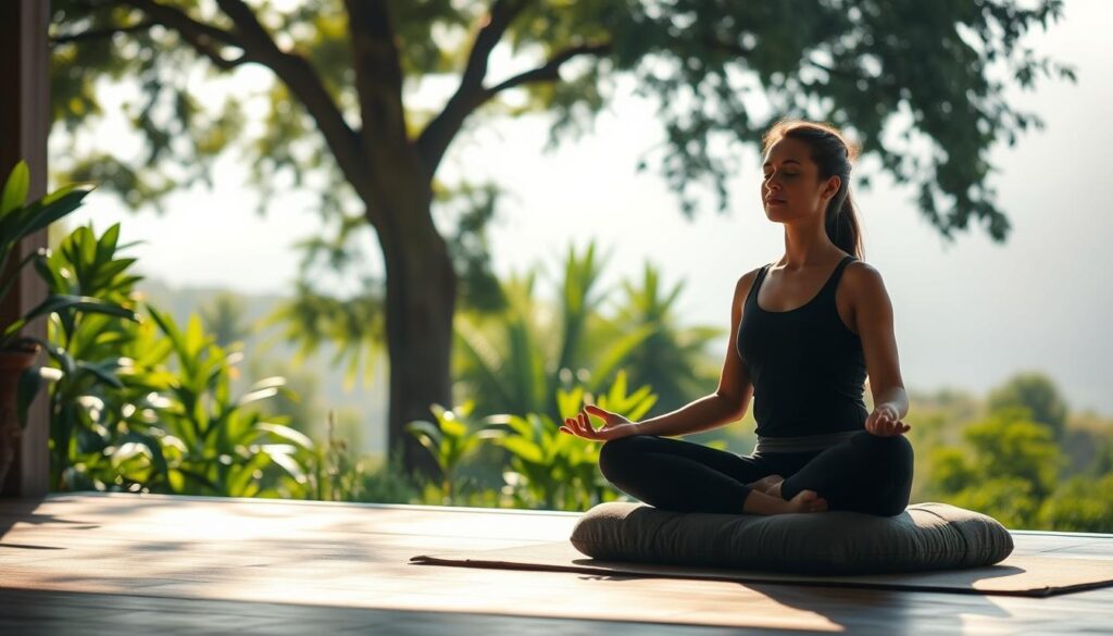 A serene meditation space set in a lush, natural environment. In the foreground, a person sits cross-legged on a meditation cushion, eyes closed, hands resting gently on their lap, embodying a state of deep tranquility. Soft, natural lighting filters through the scene, creating a warm, calming atmosphere. In the middle ground, verdant plants and trees sway gently, their organic forms adding to the sense of peacefulness. The background features a calming, minimalist landscape, perhaps a rolling hillside or a tranquil body of water, further enhancing the meditative ambiance. The overall composition evokes a sense of grounding, relaxation, and the release of physical anxiety symptoms.