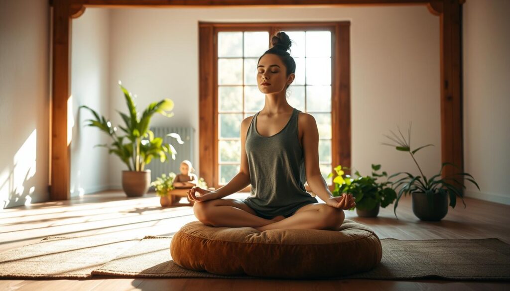 A serene meditation studio bathed in soft, natural light. In the foreground, a person sits cross-legged on a plush, earthy-toned meditation cushion, their eyes closed in a state of deep focus. Surrounding them, lush, verdant plants and a minimalist wooden altar add to the tranquil atmosphere. The middle ground features a large window overlooking a peaceful garden, the sunlight streaming in and casting gentle shadows. In the background, the studio's whitewashed walls and wooden beams create a calming, grounded ambiance, inviting the viewer to join in the mindfulness practice.