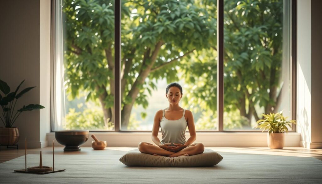 A serene meditation studio bathed in soft, natural light. In the foreground, a person sits cross-legged on a plush meditation cushion, eyes closed, hands resting gently on their lap. Behind them, a large window offers a tranquil view of a lush, verdant garden. Sunlight filters through the leaves, casting a warm, calming glow throughout the space. Subtle details like incense sticks, a singing bowl, and a potted plant add to the contemplative atmosphere. The overall scene exudes a sense of peace, focus, and deep inner reflection.